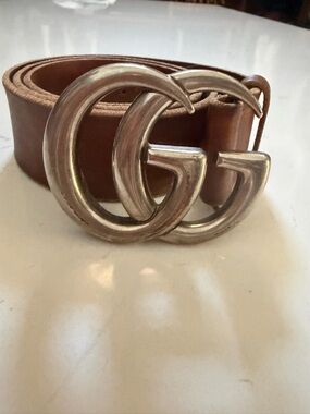 Gucci Tan Leather Belt with Silver Double G Buckle